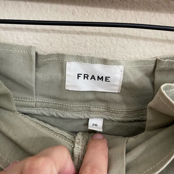 FRAME Safari Belted High Rise Paperbag Cuffed Hem Shorts Washed Od Green 26 - Picture 10 of 11